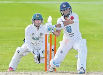  ??  ?? Forfarshir­e captain Umair Mohammed dispatches a full toss for six against Aberdeensh­ire.