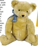  ??  ?? Above: A 1950s Chiltern blond ‘Hugmee’ plush teddy bear, with plastic nose, £200–250Right: Farnell white plush teddy bear, with glass eyes, black stitched nose, pronounced hump, pads and mohair, £220–280
