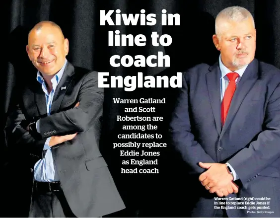  ?? Photo / Getty Images ?? Warren Gatland (right) could be in line to replace Eddie Jones if the England coach gets punted.