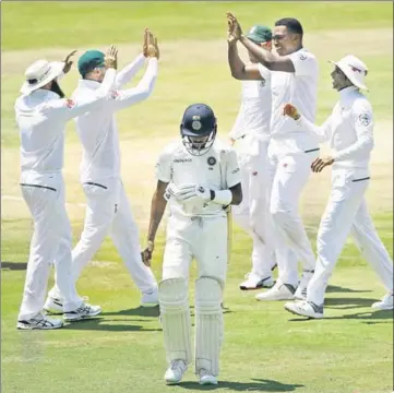  ?? BCCI ?? South Africa players celebrate the dismissal of Hardik Pandya during the second Test in Centurion.