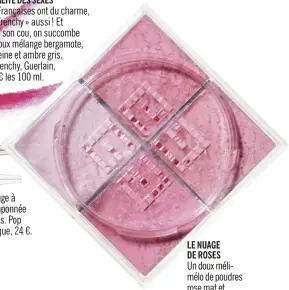  ??  ?? Les Françaises ont du charme, le « Frenchy » aussi ! Et dans son cou, on succombe au doux mélange bergamote, verveine et ambre gris. Le Frenchy, Guerlain, 210 € les 100 ml. Une touche de rouge à lèvres poudre tamponnée au coeur des lèvres. Pop Lip...