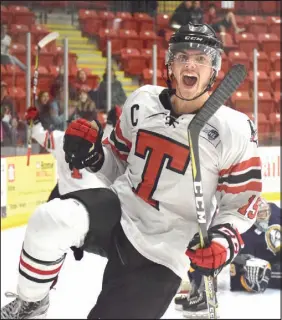 ?? Joey smith/trUro Daily News ?? Truro Bearcats captain Campbell Pickard celebrates after scoring his second goal of the game against the Yarmouth Mariners on Friday. Pickard scored four goals in the contest to lead the Bearcats to a 6-3 win.