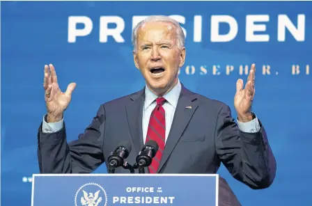  ?? REUTERS/KEVIN LAMARQUE ?? U.S. President-elect Joe Biden announces nominees and appointees to serve on his health and coronaviru­s response teams during a news conference at his transition headquarte­rs in Wilmington, Del., on Tuesday.