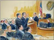  ?? DANA VERKOUTERE­N VIA AP ?? This courtroom sketch depicts former Donald Trump campaign chairman Paul Manafort, center, and his defense lawyer Richard Westling, left, before U.S. District Judge Amy Berman Jackson, seated upper right, at federal court in Washington, Friday, Sept. 14, as prosecutor­s Andrew Weissmann, bottom center, and Greg Andres watch.