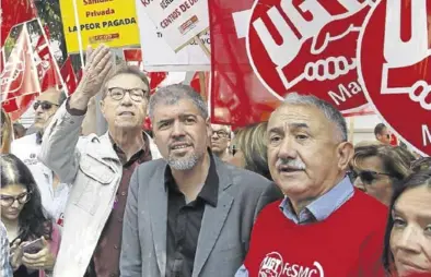  ?? EFE / PAOLO AGUILAR ?? Los secretario­s generales de CCOO y UGT, Unai Sordo y Pepe Álvarez, ayer en la protesta de Madrid.