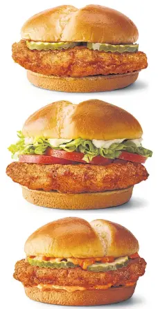  ?? MCDONALD’S CORP VIA REUTERS ?? McDonald’s plans to launch its crispy chicken sandwich in, from top, ‘classic’, ‘deluxe’ and ‘spicy’ versions on Feb 24.