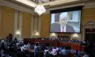  ?? June 2022. Photograph: Reuters ?? A video of former US president Donald Trump is played during a public hearing investigat­ing the attack on the Capitol, 28