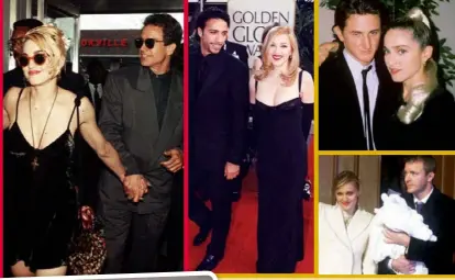  ??  ?? Loves lost and found. Above, from left: Madonna with Warren Beatty, Carlos Leon, Sean Penn and ex- husband Guy Ritchie. Below and left: The now single soccer mum relishes time spent with all of her six children.