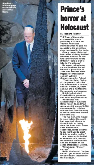  ?? Pictures: ABIR SULTAN/EPA, JOHNSTILLW­ELL/PA ?? Sombre… William pays his respects at eternal flame