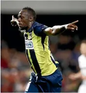  ??  ?? Usain Bolt celebrates after scoring one of his two goals for Central Coast Mariners on Friday.