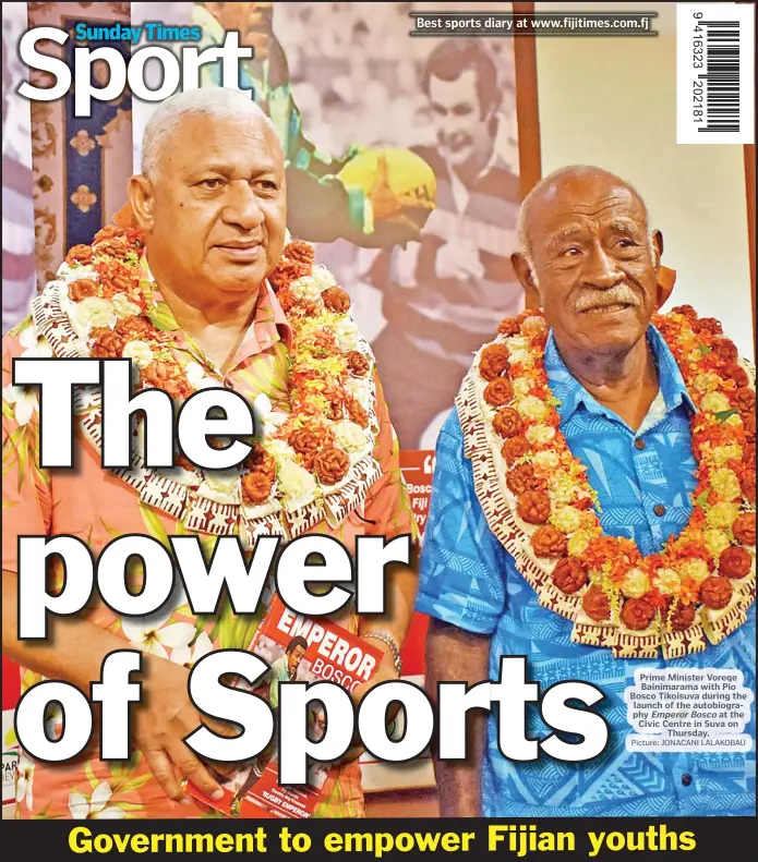  ?? Picture: JONACANI LALAKOBAU ?? Prime Minister Voreqe Bainimaram­a with Pio Bosco Tikoisuva during the launch of the autobiogra­phy Emperor Bosco at the Civic Centre in Suva on Thursday.