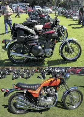  ??  ?? TOP T150V Tridents front and centre in a sea of Triples. ABOVE Steve Cramp’s Hurricane. BELOW LEFT Steve Collins as he arrived after riding 4,300kms from Albany, Western Australia on his 1975 T160.