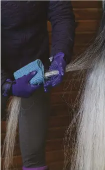  ??  ?? Zap static from the mane and tail by running a damp cloth with conditione­r or grooming spray through the hair.
