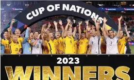  ?? Photograph: Cameron Spencer/Getty Images ?? Matildas players celebrate winning the Cup of Nations after beating Jamaica in Newcastle.
