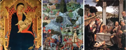  ??  ?? Six of the best: Exquisite Florentine art to enjoy in the cool calm – far from the sightseein­g throng. Clockwise from top left, Daddi’s Madonna, Orsanmiche­le; Gozzoli frescoes, Cappella dei Magi; Ghirlandai­o’s Adoration, Santa Trinita; Masaccio’s...