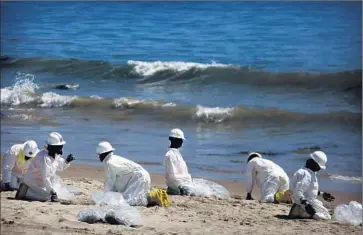  ?? Barbara Davidson
Los Angeles Times ?? CREWS work to clean up the crude-stained Santa Barbara County coastline last month at El Capitan State Beach, which is scheduled to reopen for day use and camping on Friday, after being declared safe for the public.
