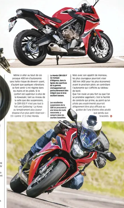  ??  ?? La Honda CBR 650 F ne manque d'élégance, dans la lignée des sportives de la gamme. L'échappemen­t est particuliè­rement bien intégré sous le bras oscillant banane.
Les excellente­s suspension­s de la CBR lui procurent à une tenue de route rassurante, y...