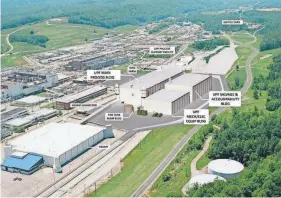  ?? PROVIDED BY NNSA ?? A rendering shows the plan for the Uranium Processing Facility at the Y-12 nuclear weapons plant, with three main buildings and some auxiliary structures next door (with a connector) to the Highly Enriched Uranium Materials Facility and adjacent to a rerouted Bear Creek Road.