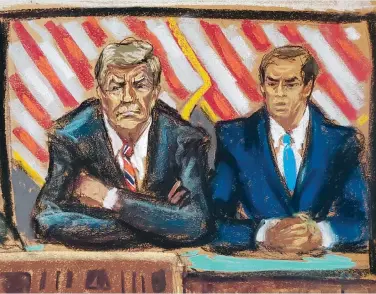  ?? Photo: Reuters ?? A courtroom sketch shows Donald Trump and lawyer Todd Blanche making an appearance by video conference in New York City.