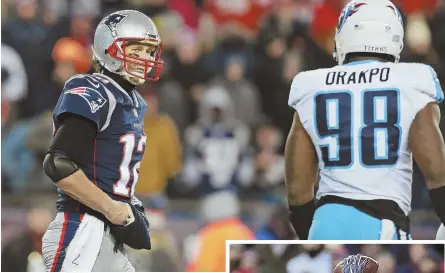  ?? STAFF PHOTOS BY MATT WEST AND NANCY LANE (INSET) ?? NICE TRY: Tom Brady has a laugh after being pressured by Titans outside linebacker Brian Orakpo to no avail in the third quarter last night at Gillette Stadium. At right, Titans cornerback Logan Ryan offers token resistance as Pats wide receiver Danny...