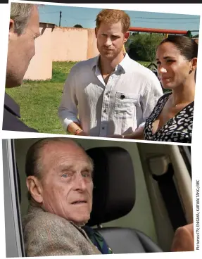  ??  ?? The Woes of Windsor: Harry and Meghan, top, in an unwise ITV documentar­y, and Prince Philip, who was in a car crash
