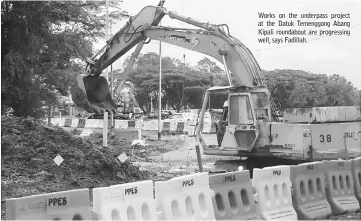  ??  ?? Works on the underpass project at the Datuk Temenggong Abang Kipali roundabout are progressin­g well, says Fadillah.