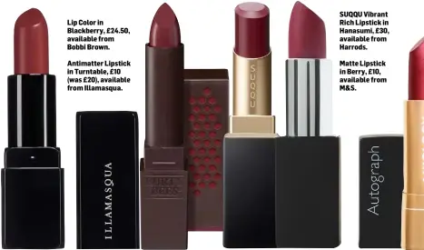  ??  ?? Lip Color in Blackberry, £24.50, available from Bobbi Brown.
Antimatter Lipstick in Turntable, £10 (was £20), available from Illamasqua.
SUQQU Vibrant Rich Lipstick in Hanasumi, £30, available from Harrods.