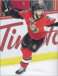  ?? CP PHOTO ?? Ottawa Senators centre Derick Brassard celebrates after scoring against the New York Rangers late to tie the game during Game 5 of a second-round NHL Stanley Cup playoff series in Ottawa on May 6.