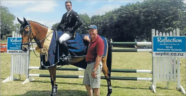  ??  ?? Champion cheval: Bayer FEI World Cup New Zealand showjumpin­g round winner Jake Lambert with his victorious horse Quality NZPH and sponsor Paul Riethmaier at Woodhill Sands Equestrian Centre on Sunday.