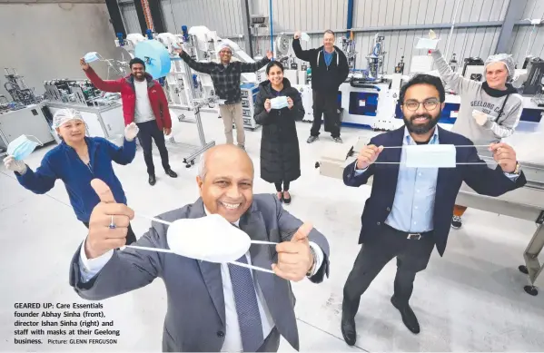  ?? Picture: GLENN FERGUSON ?? GEARED UP: Care Essentials founder Abhay Sinha (front), director Ishan Sinha (right) and staff with masks at their Geelong business.