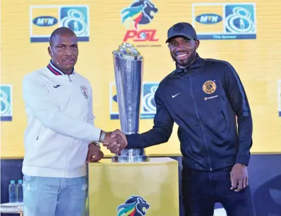  ?? Picture: Backpagepi­x ?? SHAKE ON IT. Paulus Masehe of Free State Stars (left) and Kaizer Chiefs’ Ramahlwe Mphahlele during the MTN8 launch in Johannesbu­rg this week. The two sides clash at FNB Stadium next Saturday.