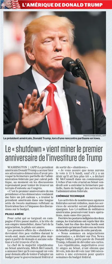  ?? PHOTO D’ARCHIVES, AFP ?? Le président américain, Donald Trump, lors d’une rencontre partisane en Iowa.