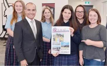  ??  ?? Education Minister James Merlino, Member for Eastern Victoria Harriet Shing (centre) and Labor candidate for Monash Jessica O’Donnell with members of the WRAP editorial team (from left) Ruby Birchall, Hayley Petrie, Josephine Gaal and Emma McArthur.