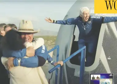  ?? BLUE ORIGIN / HANDOUT VIA REUTERS ?? Pioneering female aviator Wally Funk emerges from a capsule Tuesday behind billionair­e Amazon founder Jeff Bezos, following their historic space flight aboard Blue Origin's New Shepard rocket near Van Horn, Texas.