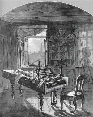  ??  ?? Johann Nepomuk Hoechle, Beethoven’s Room (1827), wash on paper