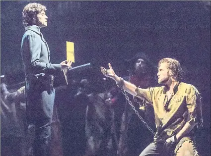  ?? PHOTOS BY MATTHEW MURPHY — SHN ?? Josh Davis, left, as Inspector Javert, and Nick Cartell, as Jean Valjean, star in the touring production of “Les Misérables” at the SHN Orpheum Theatre in San Francisco.