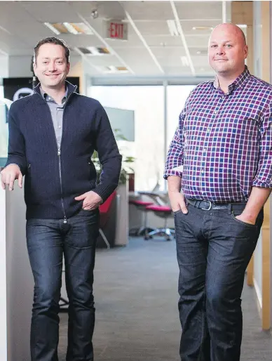  ?? BENNELMS/ NATIONALPO­ST ?? Since the days of their childhood friendship Rian Gauvreau, left, and Jack Newton had planned to be partners in business. It is nowmission accomplish­ed with Clio, which they successful­ly establishe­d as a company that is “human and high-performanc­e.”