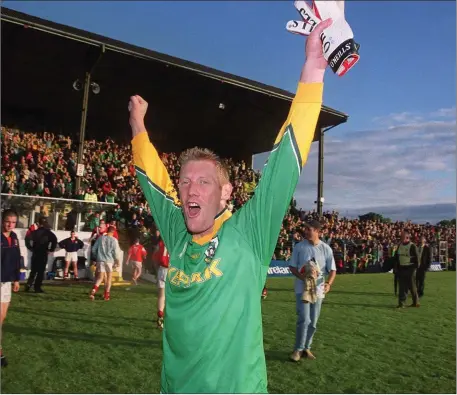  ??  ?? Graham Geraghty celebrates after his last-gasp goal saw Meath beat Louth in dramatic circumstan­ces in 2002.