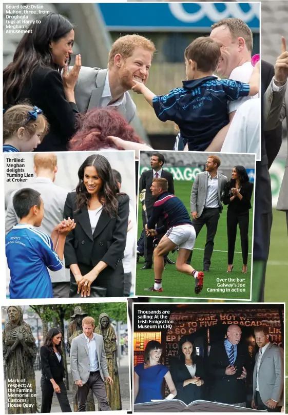 ??  ?? james.ward@dailymail.ie Beard test: Dylan Mahon, three, from Drogheda tugs at Harry to Meghan’s amusement Thrilled: Meghan delights Yuming Lian at Croker Mark of respect: At the Famine Memorial on Customs House Quay