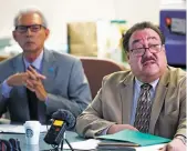  ?? FILE PHOTO ?? Sen. Richard Martinez, D-Española, talks in 2018 about a Senate bill as Rep. Michael P. Garcia, D-Albuquerqu­e, left, listens. Martinez currently faces DWI and reckless driving charges.