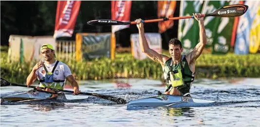  ?? Picture: Luis Eiras/Photo Duarte ?? Andy Birkett streaked past Portuguese hero Jose Ramalho to win the senior men’s K1 race at the ICF Canoe Marathon World Championsh­ips at Ponte de Lima last weekend. The victory was SA’s 10th in the men’s K1 class, moving ahead of Spain on nine.