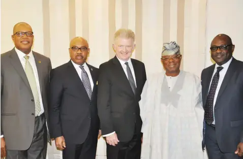  ??  ?? Managing Director and Chief Executive Officer, FBN Insurance Limited, Val Ojumah (left); Group Managing Director, FBN Holdings Plc, UK Eke; Group Chief Executive Officer, Sanlam Limited, Ian Kirk; Group Chairman, FBN Holdings Plc, Oba Otudeko; MD/CEO,...