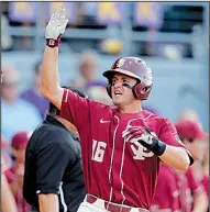  ?? AP/GERALD HERBERT ?? Florida State senior Mike Salvatore leads the Seminoles with a .341 batting average this season. Entering Saturday’s against Arkansas at the College World Series, Salvatore is 13 of 23 (.565) in the NCAA Tournament with 10 runs scored.