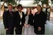  ?? DAN SOKIL — DIGITAL FIRST MEDIA ?? North Penn School District Superinten­dent Curt Dietrich, left, poses with new hires Lynne Millard, incoming principal of Oak Park Elementary School; Kristin Johnson, incoming assistant business manager; and Christina Carter, incoming principal of A.M. Kulp Elementary School, after the Nov. 26 school board meeting.