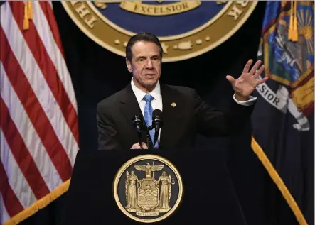  ?? HANS PENNINK/FILE ?? New York Gov. Andrew Cuomo delivers his State of the State address at the Empire State Plaza Convention Center on Wednesday, Jan. 8, 2020, in Albany, N.Y.