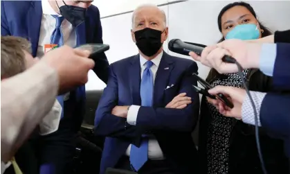  ?? Photograph: Jonathan Ernst/Reuters ?? Joe Biden speaks to reporters aboard Air Force One in April.