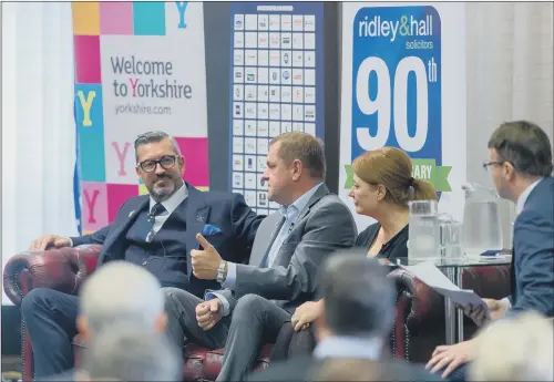  ?? PICTURE: JAMES HARDISTY ?? STRONG LINE-UP: Guest speakers, from left, Sean Jarvis of Huddersfie­ld Town, Sir Gary Verity, and Jacqui Gedman at the big debate.