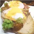  ??  ?? Birthday Breakfast: Eggs Benny at Yolk Coffee and Breakfast, an allday brekkie corner at Tres Borces Padres Street in Cebu City.