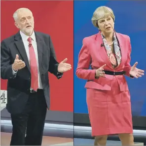  ??  ?? SPLIT SCREEN: Theresa May and Jeremy Corbyn being grilled on TV by separate studio audiences and Jeremy Paxman after the Prime Minister refused to go head to head with her rival for No 10.
