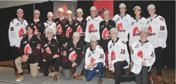  ??  ?? Members of the Moose Jaw Warriors 2018 draft and list class pose for a group photo during the developmen­t camp reception on June 7.